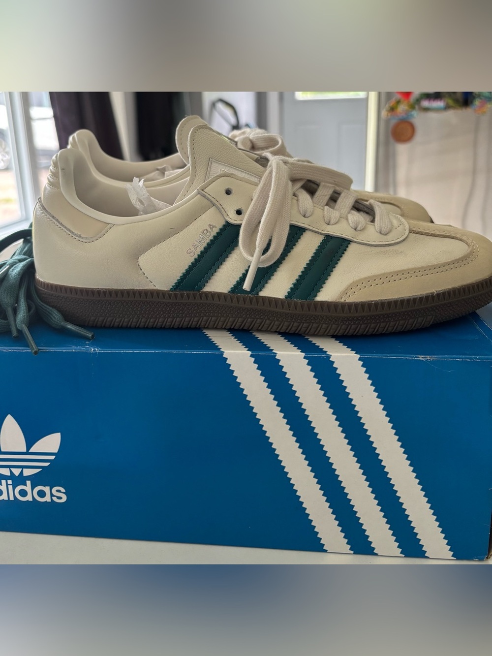 Adidas Samba Shoes in Off-White with Turquoise Stripes- Brand New